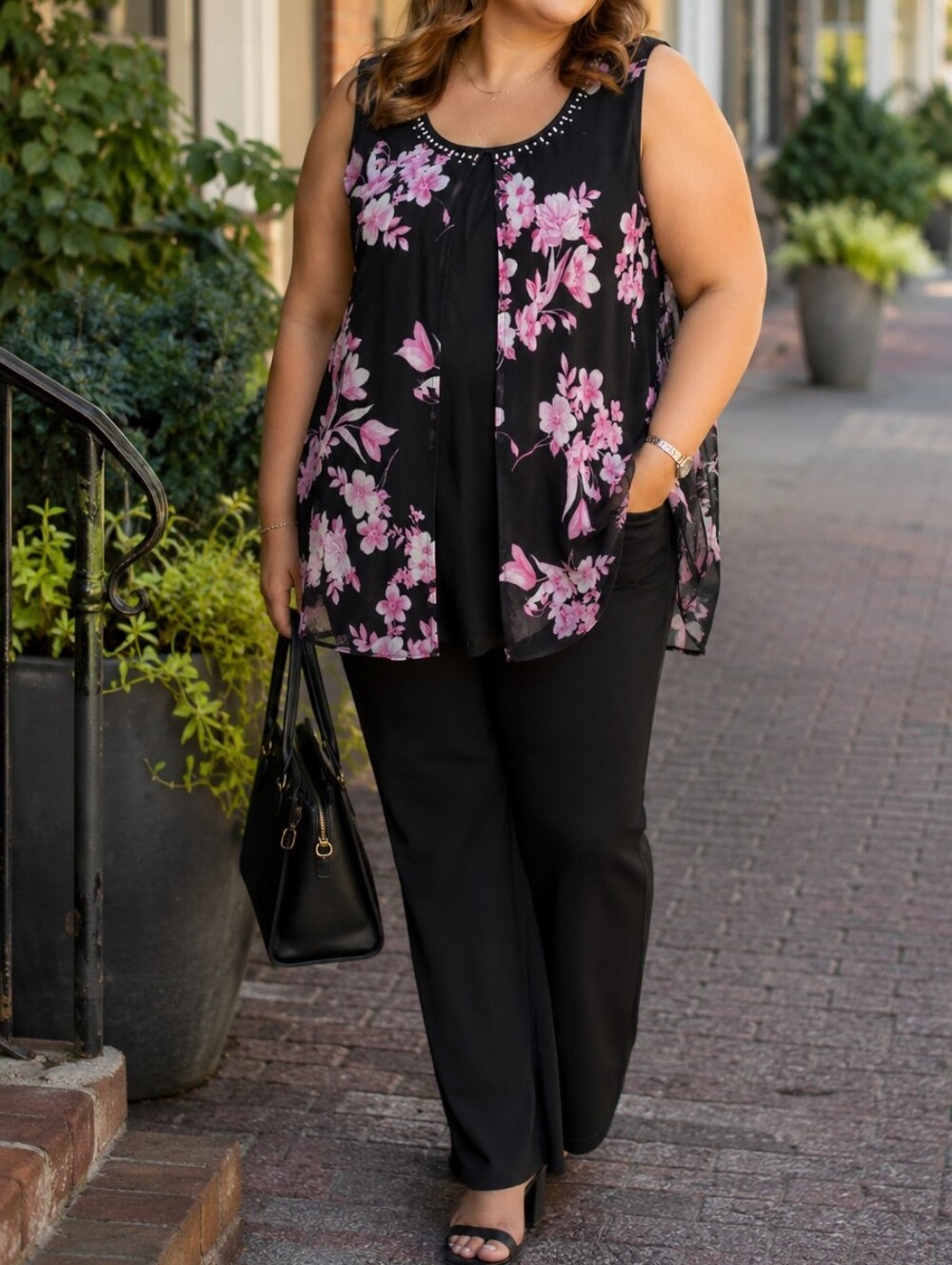 Lily Morgan Plus Size Black Pink Floral Sleeveless Chiffon Overlay Top Casual